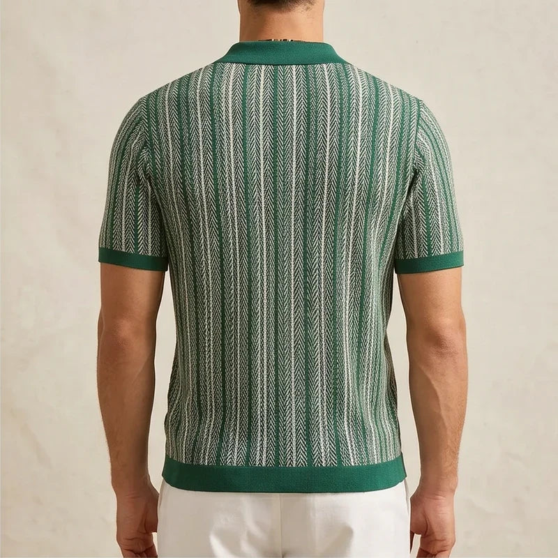Model wearing Green Calder Striped Button-Up Shirt in studio - 2