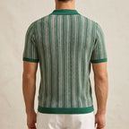 Model wearing Green Calder Striped Button-Up Shirt in studio - 2