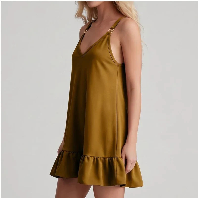 Model wearing Yellow Women Deep V Sleeveless Tank Dress Ruffle Hem Loose Large Size Dress Holiday Beach Fashionable Comfortable Beach Baggy Sundress in studio - 2