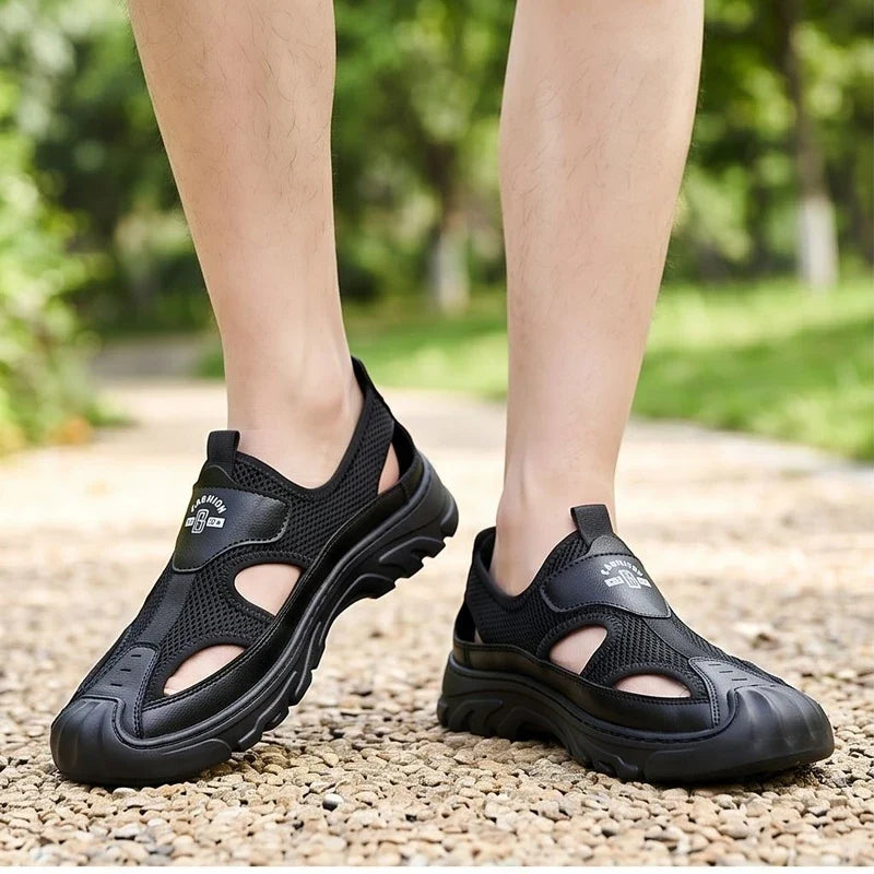 Model wearing Black Cassian Genuine Leather Sport Sandals outdoors