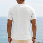 Model wearing White Soren Cotton V-Neck Pocket Tee outdoors - 4