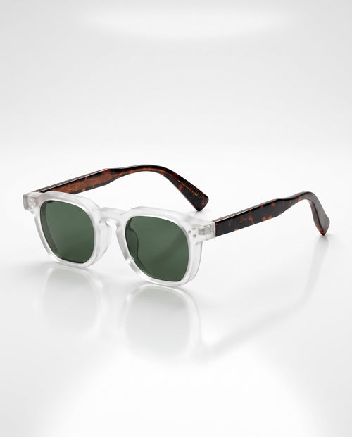 Square frosted clear frame sunglasses with dark green lenses and dark tortoiseshell temples on a white background.