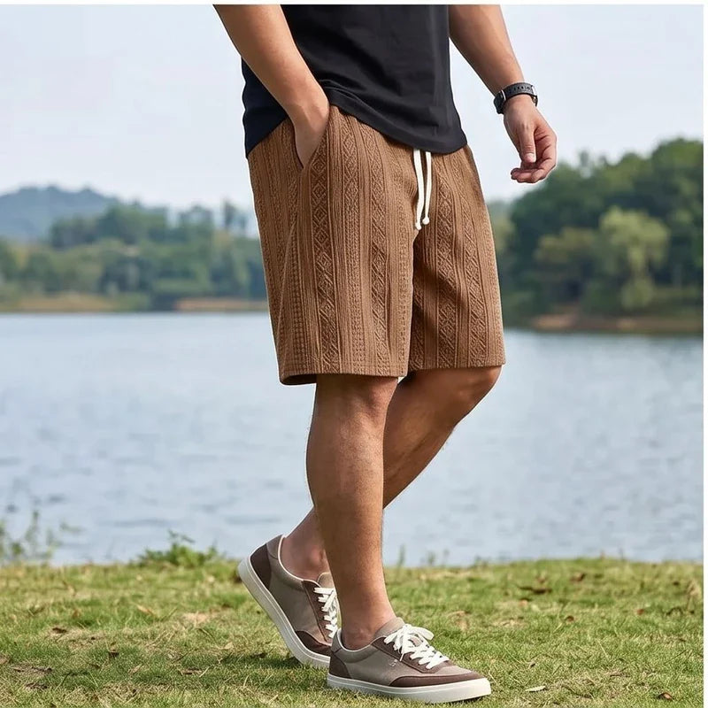 Model wearing Brown 2026 New Men's Daily Jacquard Textured Fashion Casual Shorts outdoors - 3