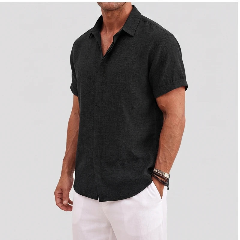 Model wearing Black linen shirt in a studio - 2