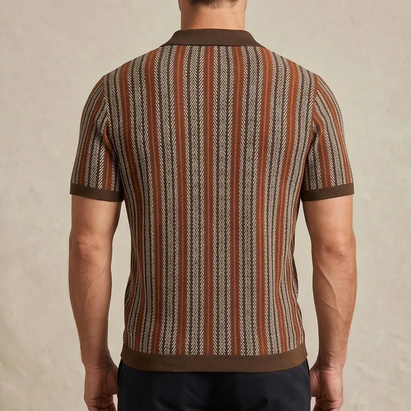 Model wearing Brown Calder Striped Button-Up Shirt in studio - 2