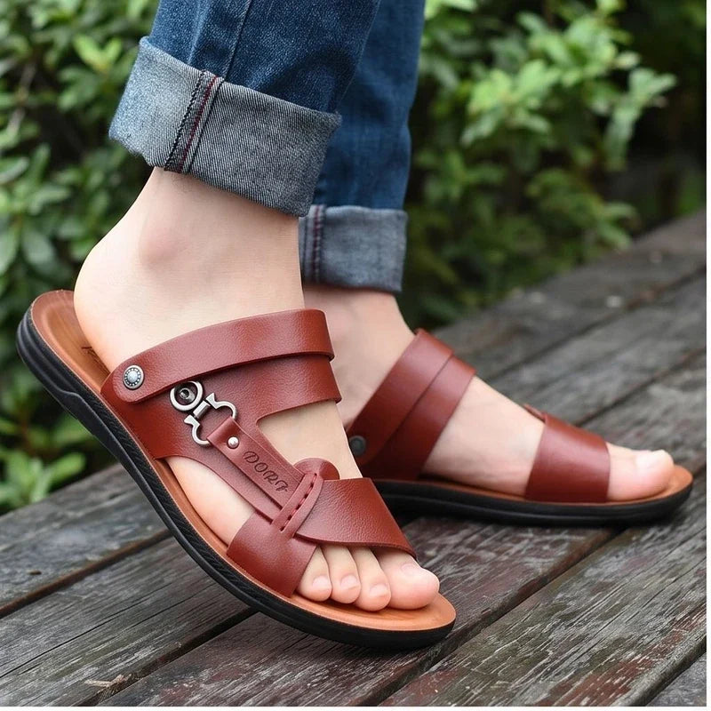 Model wearing Brown Meridian Genuine Leather Slip-On Fisherman Sandals outdoors
