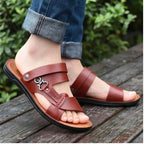 Model wearing Brown Meridian Genuine Leather Slip-On Fisherman Sandals outdoors