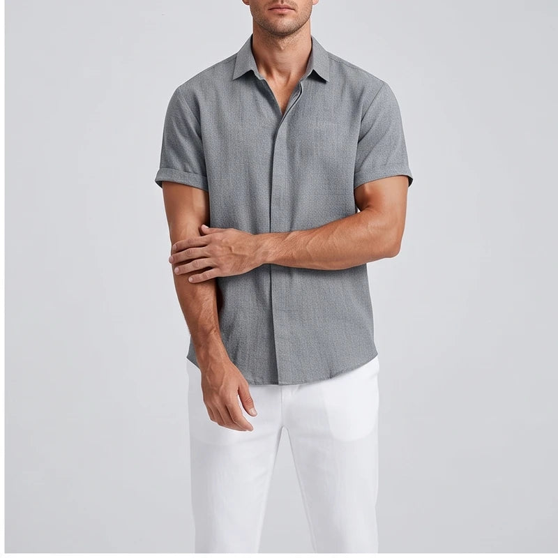 Model wearing Grey linen shirt in a studio - 2