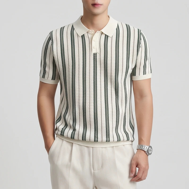 Beige knitted polo on an off-gray studio background