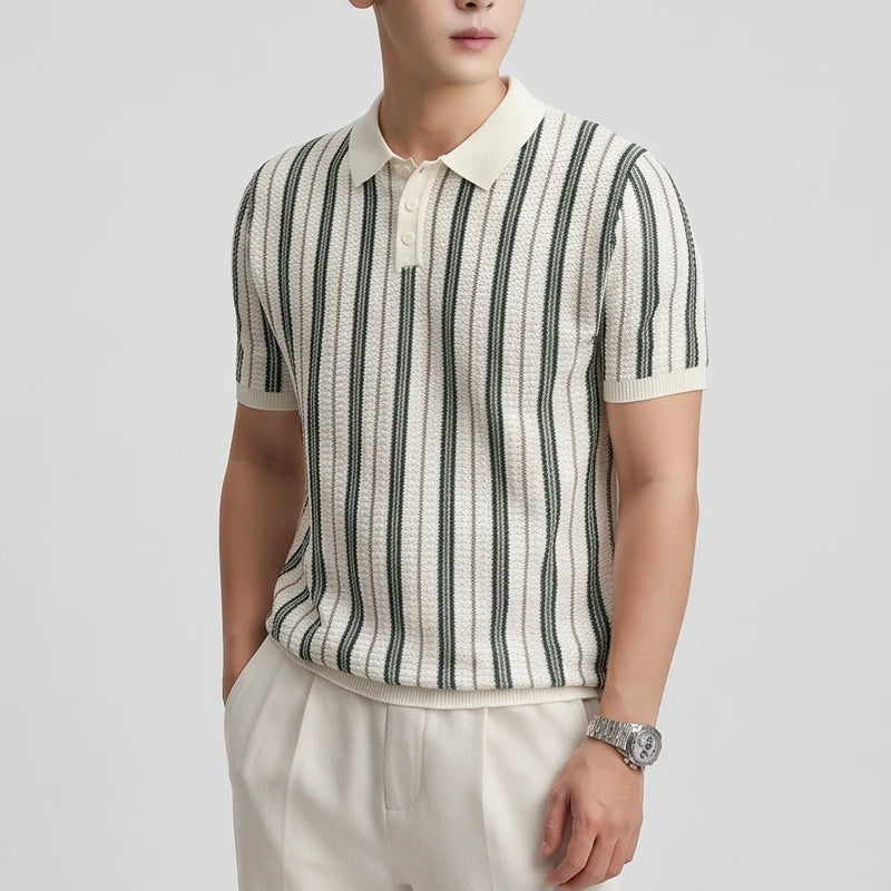 Beige knitted polo on an off-gray studio background - 2