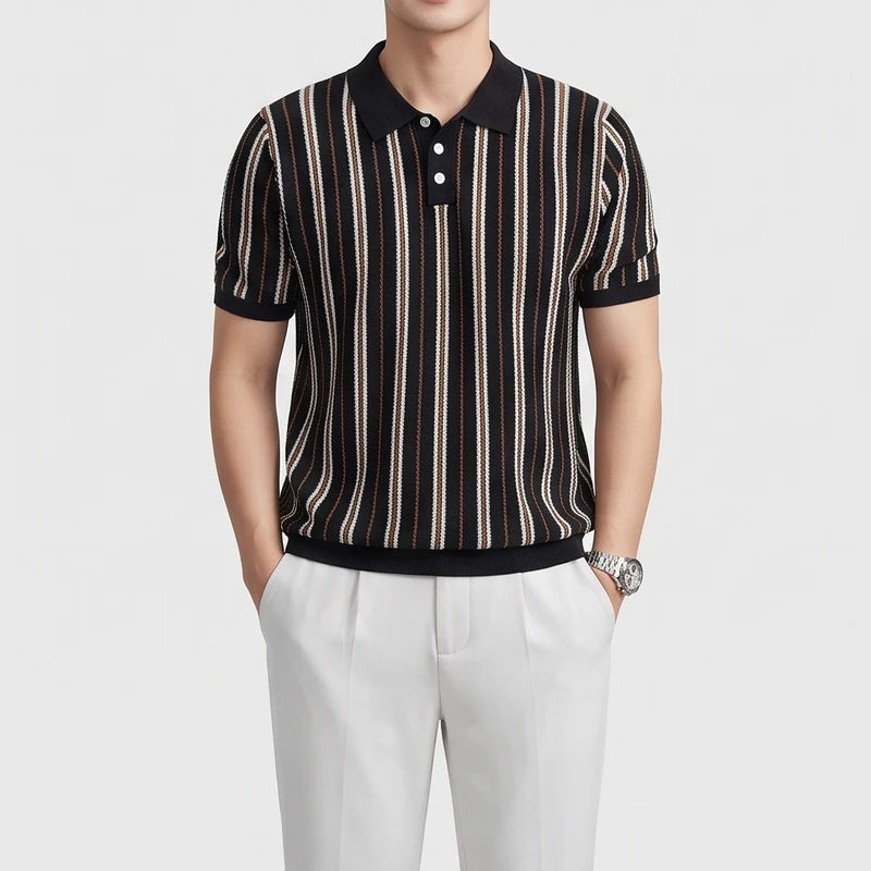 Black knitted polo on an off-gray studio background