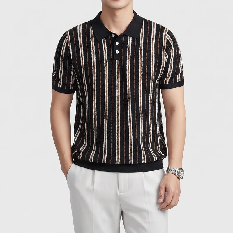 Black knitted polo on an off-gray studio background - 2