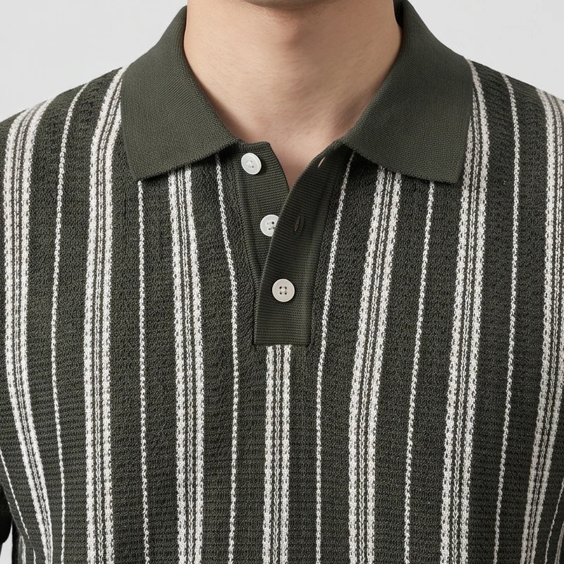 Green knitted polo on an off-gray studio background - 2