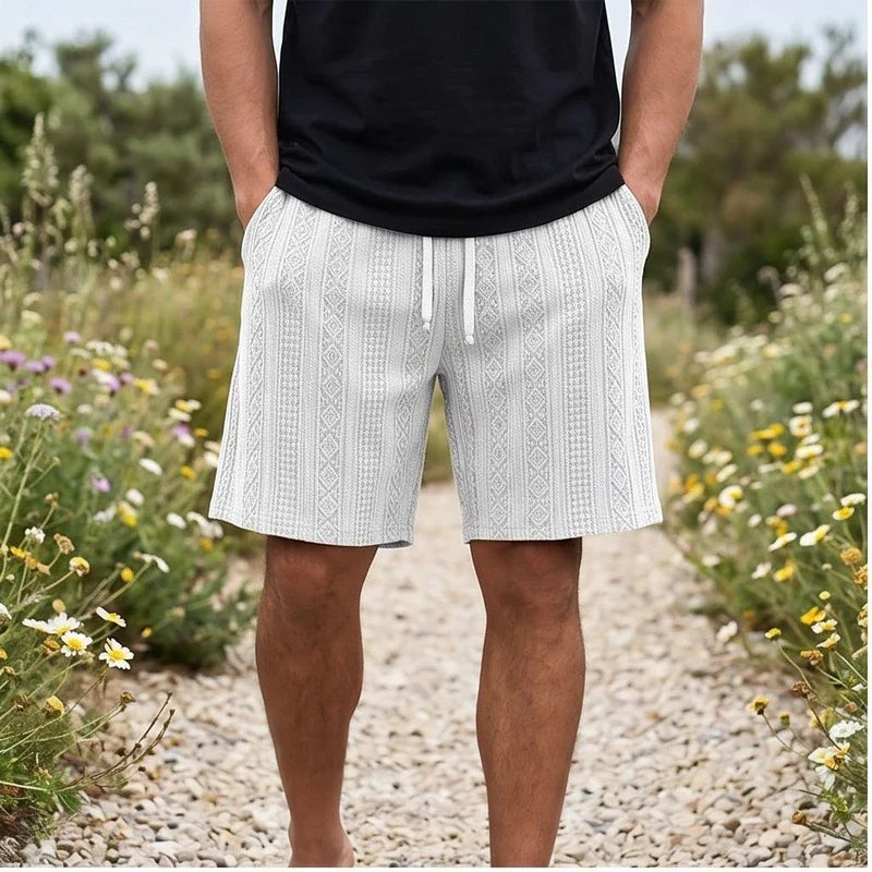 Model wearing White 2026 New Men's Daily Jacquard Textured Fashion Casual Shorts outdoors