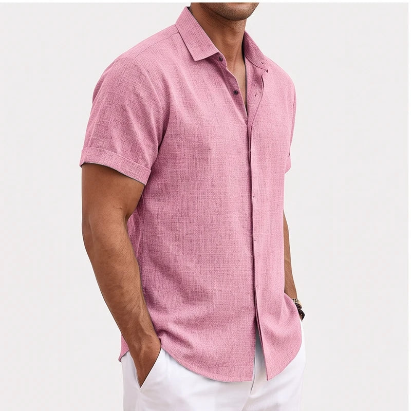 Model wearing Pink linen shirt in a studio - 2