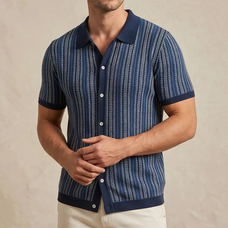 Model wearing Blue Calder Striped Button-Up Shirt in studio - 4