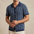 Model wearing Blue Calder Striped Button-Up Shirt in studio - 4