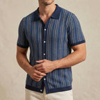 Model wearing Blue Calder Striped Button-Up Shirt in studio - 4