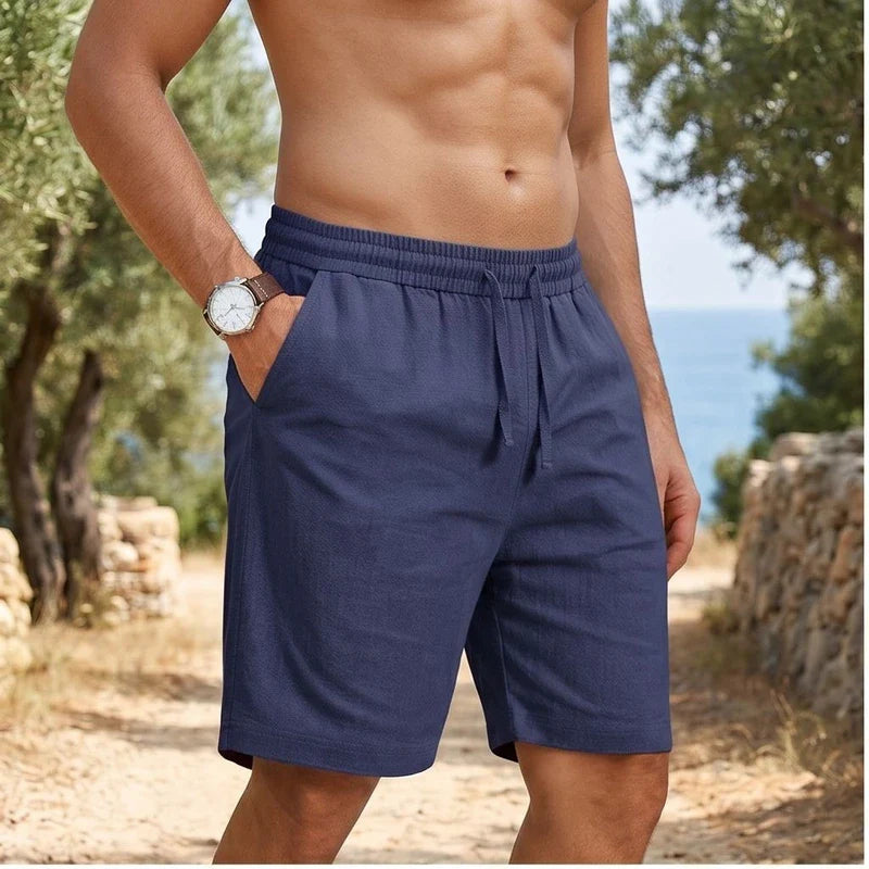 Model wearing Navy New Solid Linen Short Lightweight Gym Man Casual Pants Oversize Beach Hawaiian Baggy Pants Men Jogging Cotton Large Short Homme outdoors