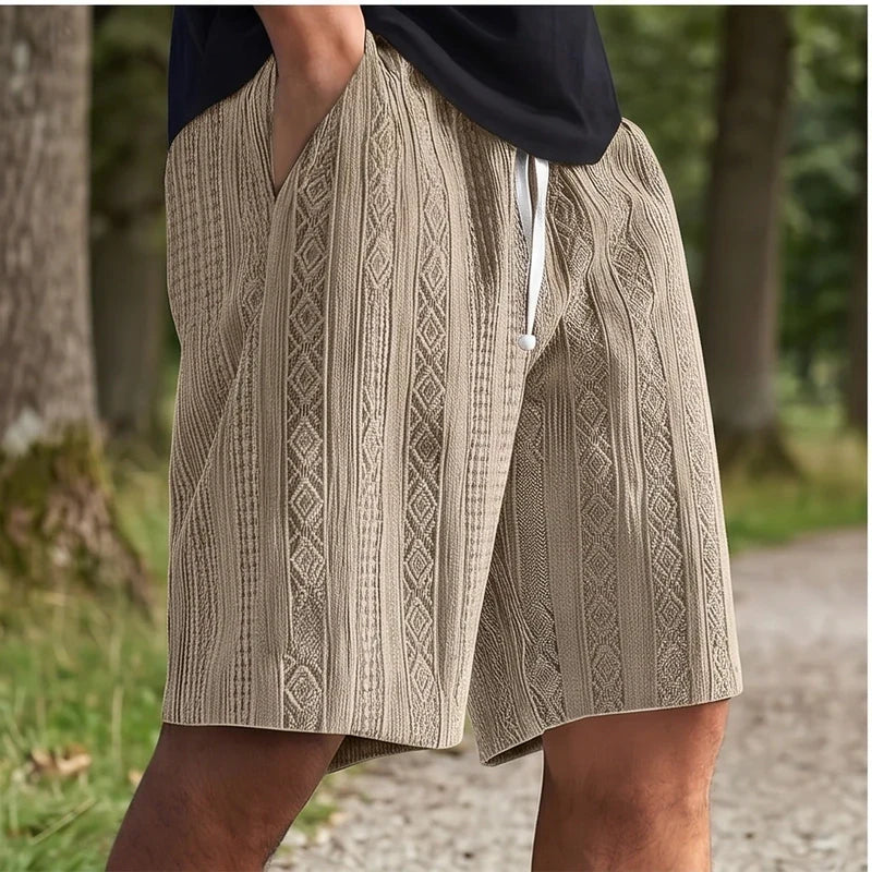Model wearing Khaki 2026 New Men's Daily Jacquard Textured Fashion Casual Shorts outdoors - 2