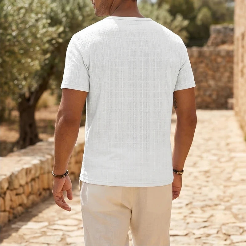 Model wearing White Soren Cotton V-Neck Pocket Tee outdoors - 2