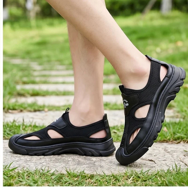 Model wearing Black Cassian Genuine Leather Sport Sandals outdoors - 2