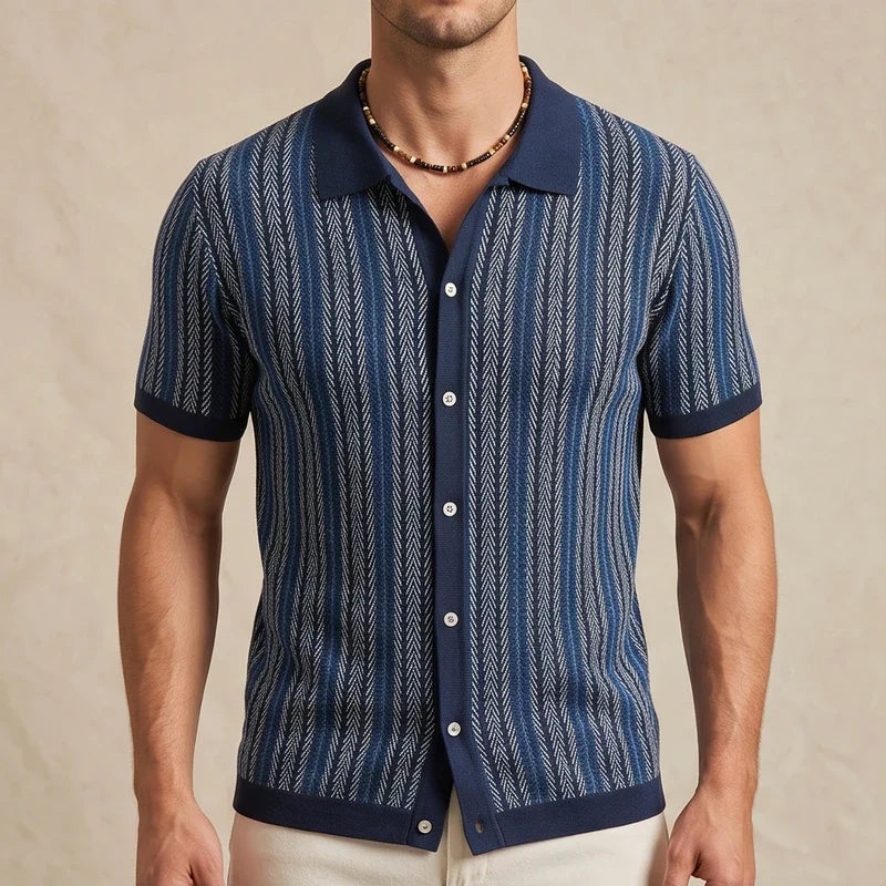 Model wearing Blue Calder Striped Button-Up Shirt in studio