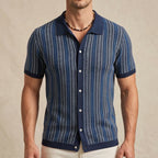 Model wearing Blue Calder Striped Button-Up Shirt in studio