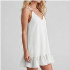 Model wearing White Women Deep V Sleeveless Tank Dress Ruffle Hem Loose Large Size Dress Holiday Beach Fashionable Comfortable Beach Baggy Sundress in studio - 2