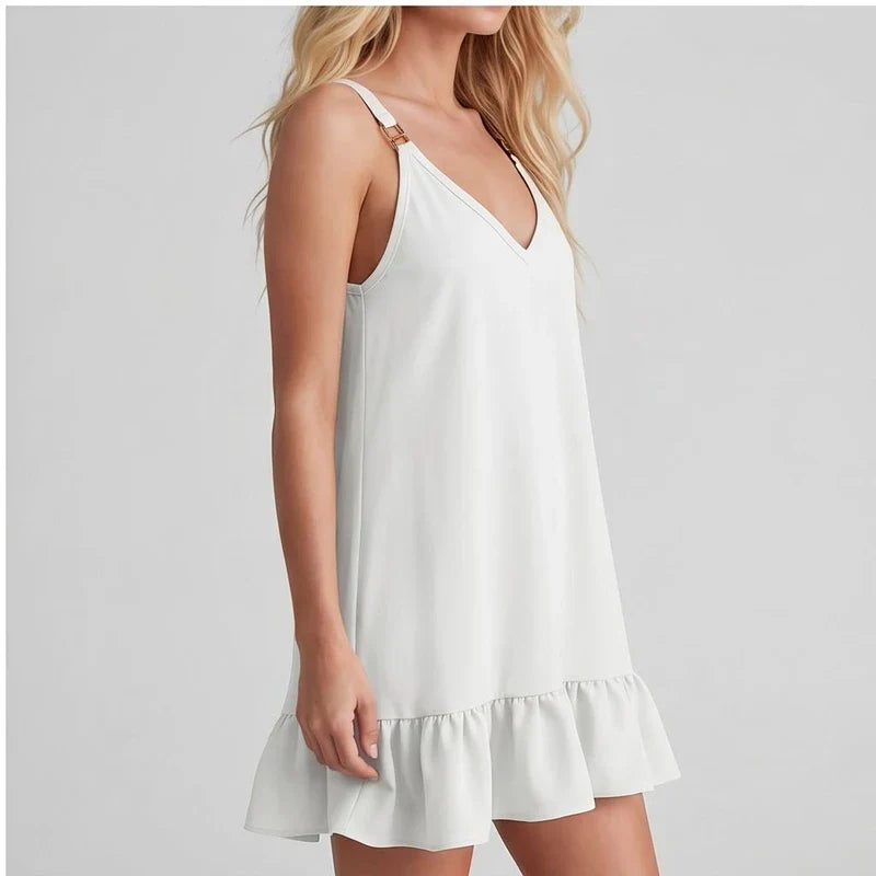 Model wearing White Women Deep V Sleeveless Tank Dress Ruffle Hem Loose Large Size Dress Holiday Beach Fashionable Comfortable Beach Baggy Sundress in studio - 2