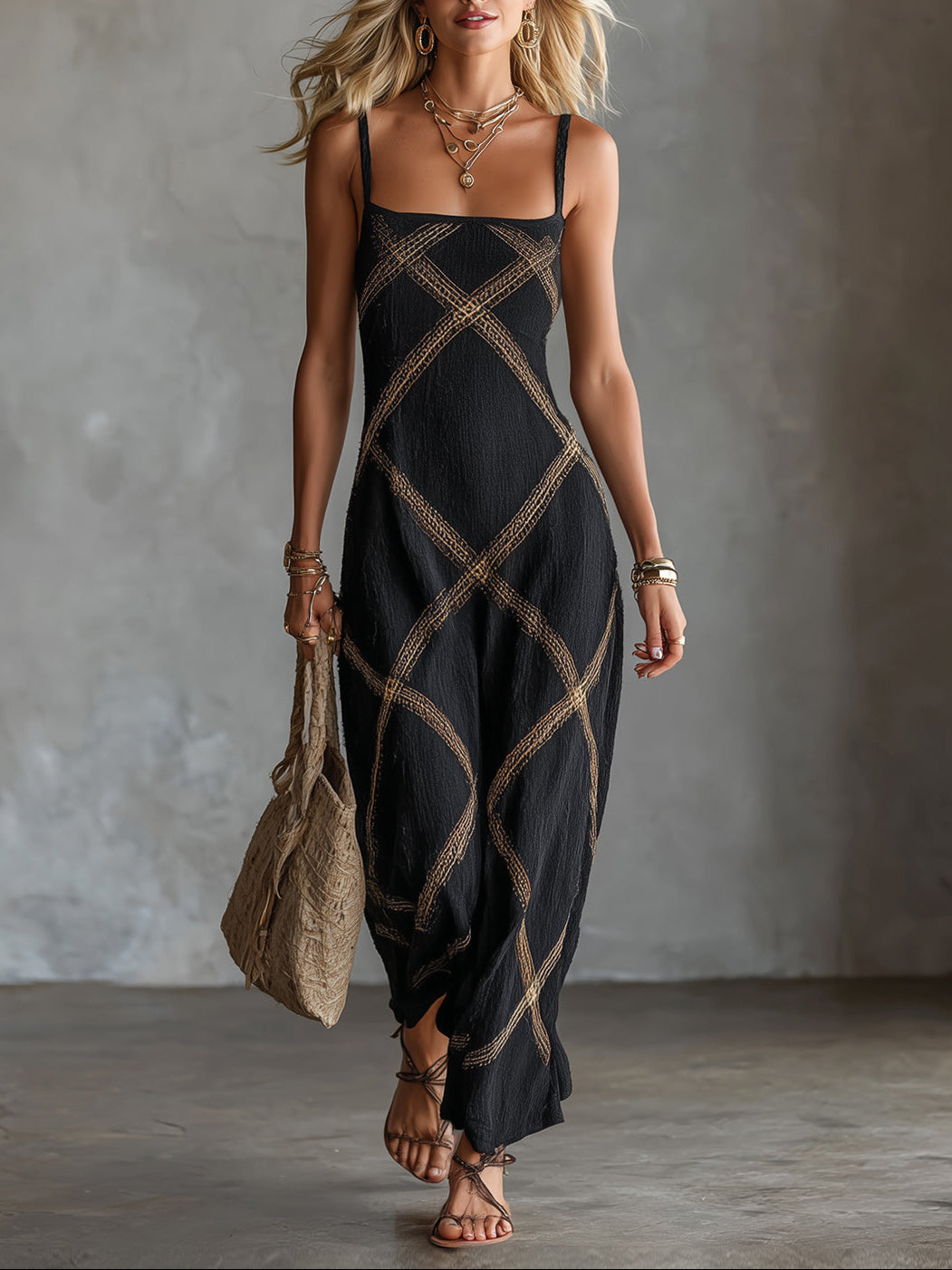 Woman wearing a black spaghetti strap maxi dress with gold criss-cross embroidery, carrying a textured woven bag and walking in sandals.