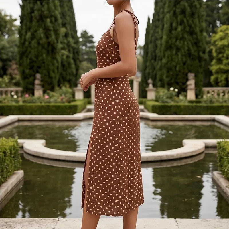Model wearing Brown Cortez Polka Dot Midi Dress outdoors - 4