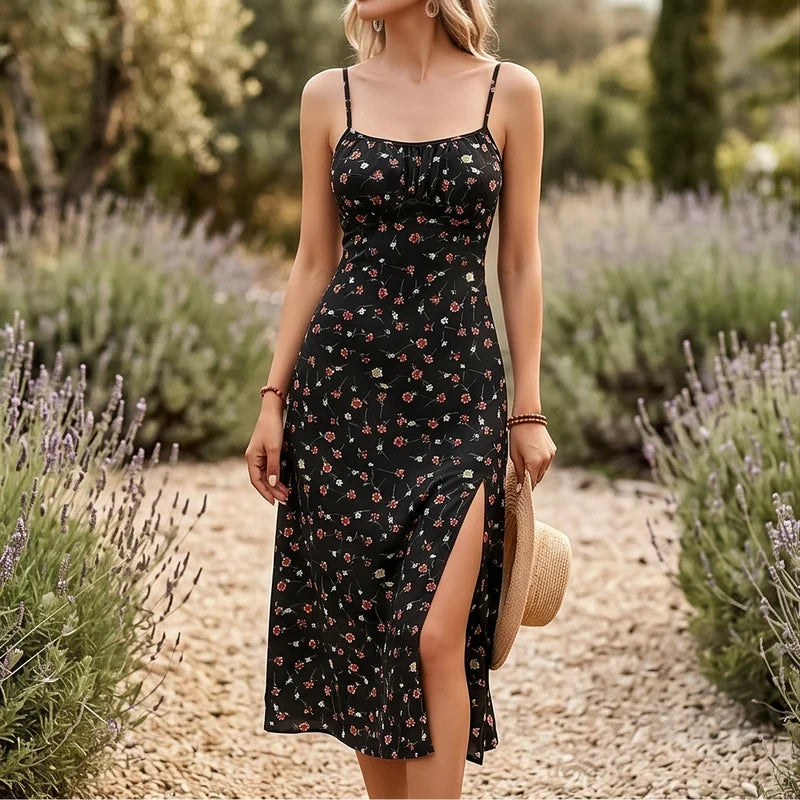 Model wearing Black Solenna Floral Spaghetti Strap Midi Dress outdoors