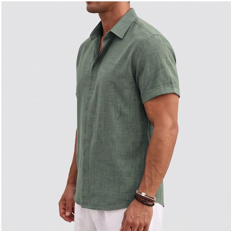 Model wearing Green linen shirt in a studio - 2