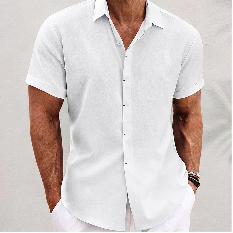 Model wearing White linen shirt in a studio