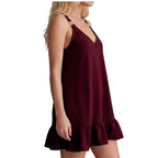 Model wearing Wine Women Deep V Sleeveless Tank Dress Ruffle Hem Loose Large Size Dress Holiday Beach Fashionable Comfortable Beach Baggy Sundress in studio - 2