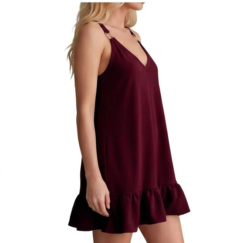 Model wearing Wine Women Deep V Sleeveless Tank Dress Ruffle Hem Loose Large Size Dress Holiday Beach Fashionable Comfortable Beach Baggy Sundress in studio - 2