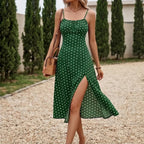 Model wearing Green Solenna Floral Spaghetti Strap Midi Dress outdoors - 2