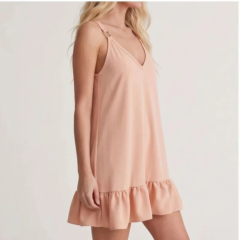 Model wearing Red Women Deep V Sleeveless Tank Dress Ruffle Hem Loose Large Size Dress Holiday Beach Fashionable Comfortable Beach Baggy Sundress in studio - 2