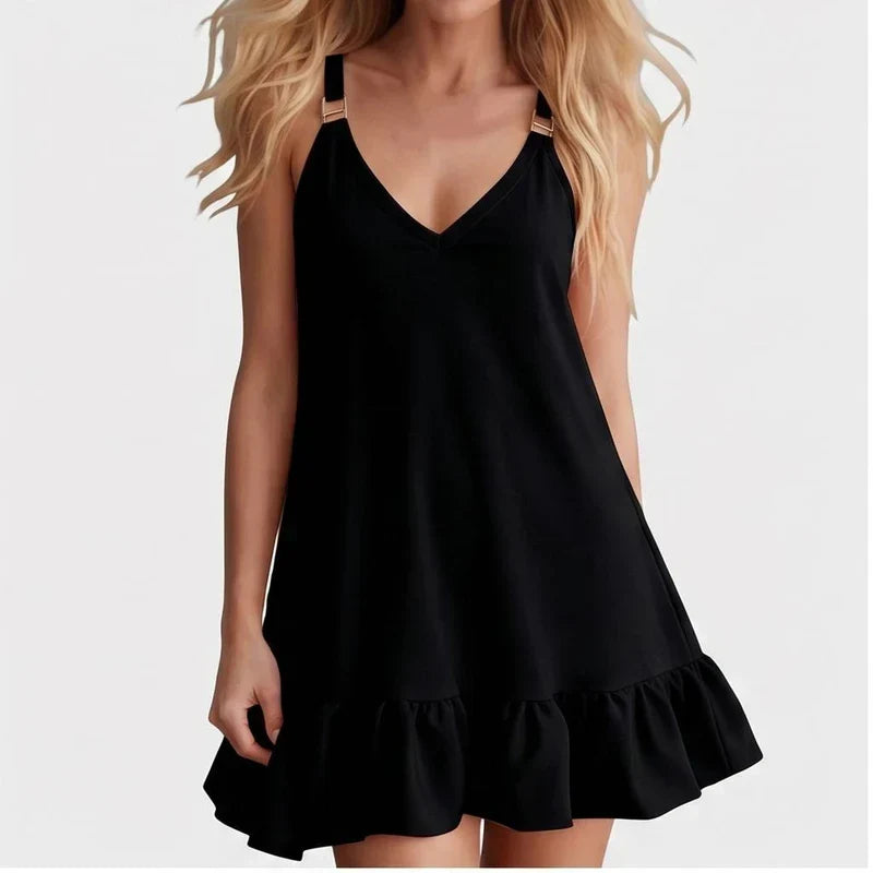 Model wearing Black Women Deep V Sleeveless Tank Dress Ruffle Hem Loose Large Size Dress Holiday Beach Fashionable Comfortable Beach Baggy Sundress in studio