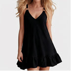 Model wearing Black Women Deep V Sleeveless Tank Dress Ruffle Hem Loose Large Size Dress Holiday Beach Fashionable Comfortable Beach Baggy Sundress in studio