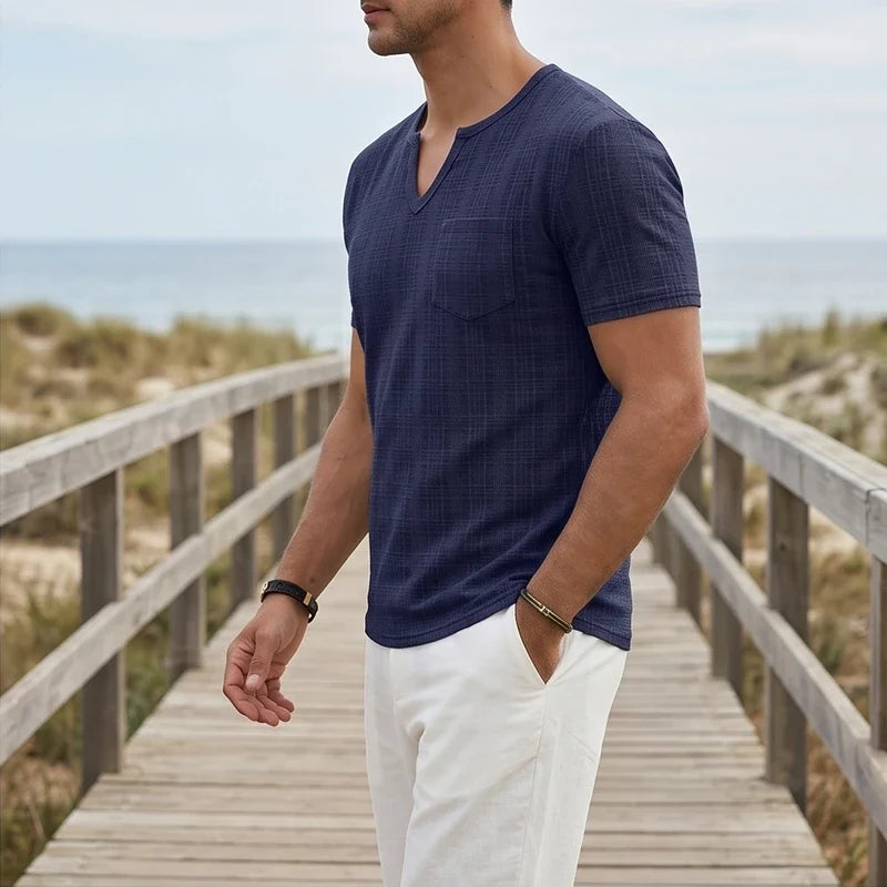 Model wearing Navy Soren Cotton V-Neck Pocket Tee outdoors - 2