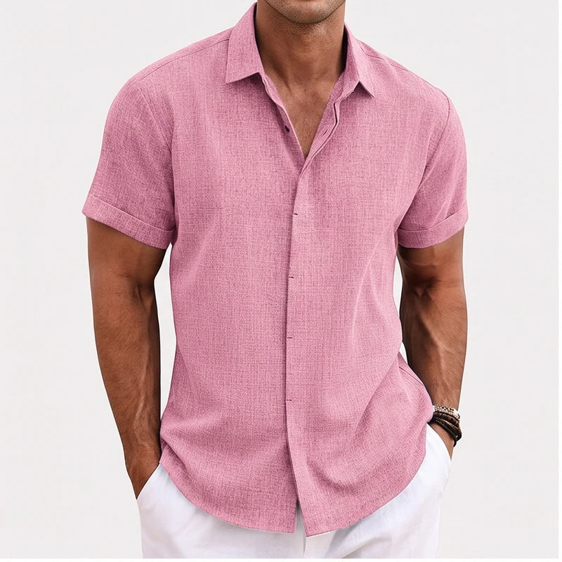 Model wearing Pink linen shirt in a studio