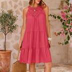 Rose Red Cotton Crochet Tiered Dress - Front View