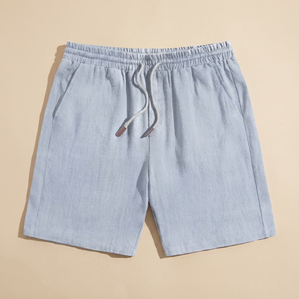 Talbot light blue linen drawstring shorts flat lay