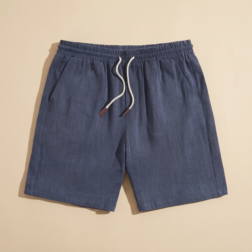 Talbot navy blue linen drawstring shorts flat lay