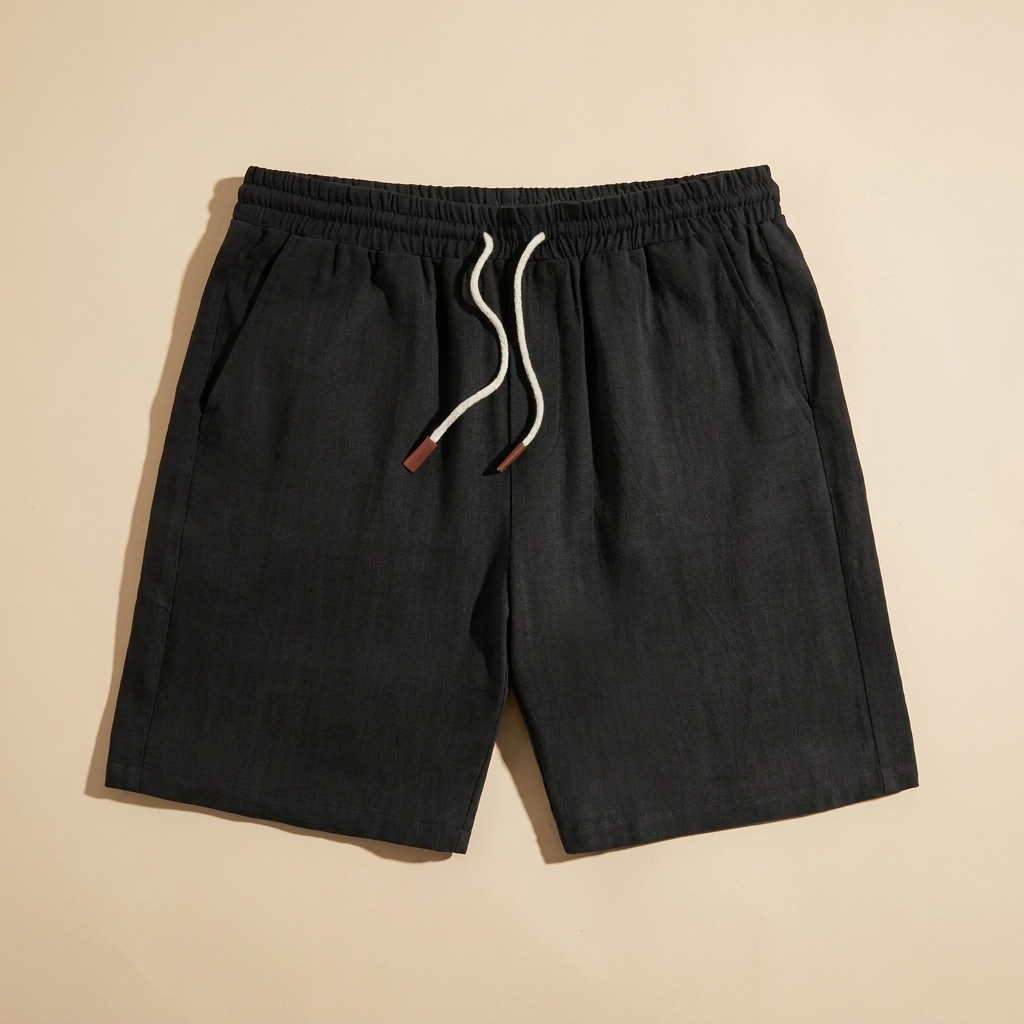 Talbot black linen drawstring shorts flat lay