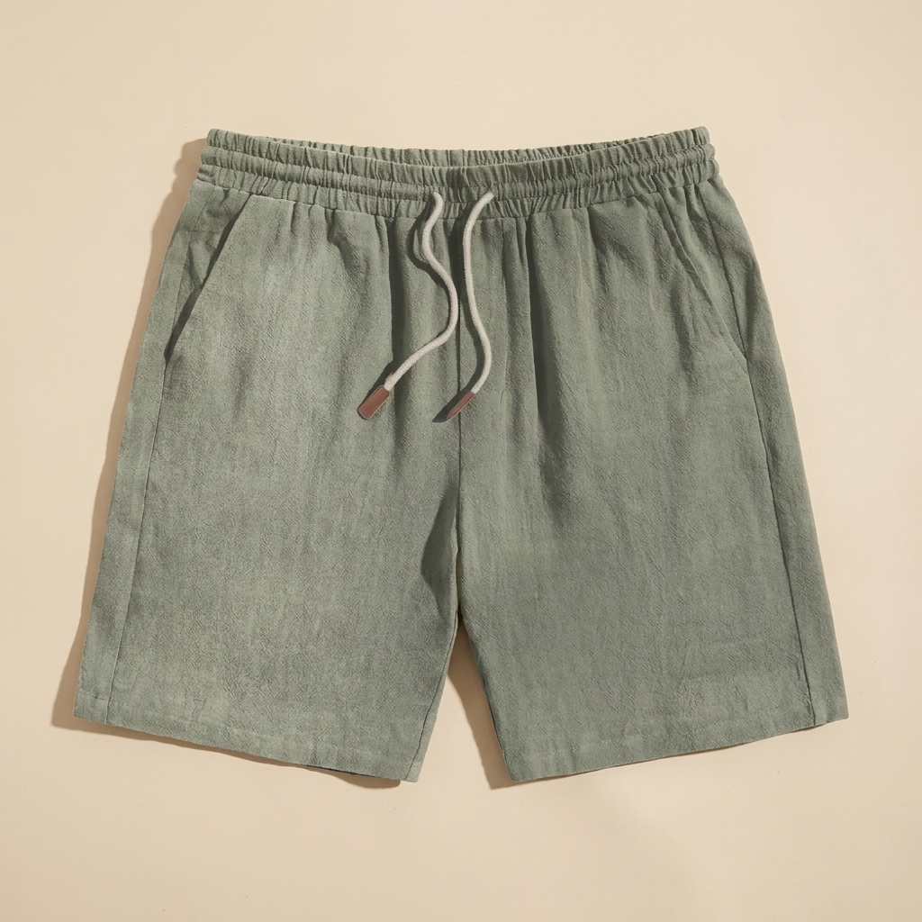 Talbot sage green linen drawstring shorts flat lay