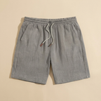 Talbot medium gray linen drawstring shorts flat lay