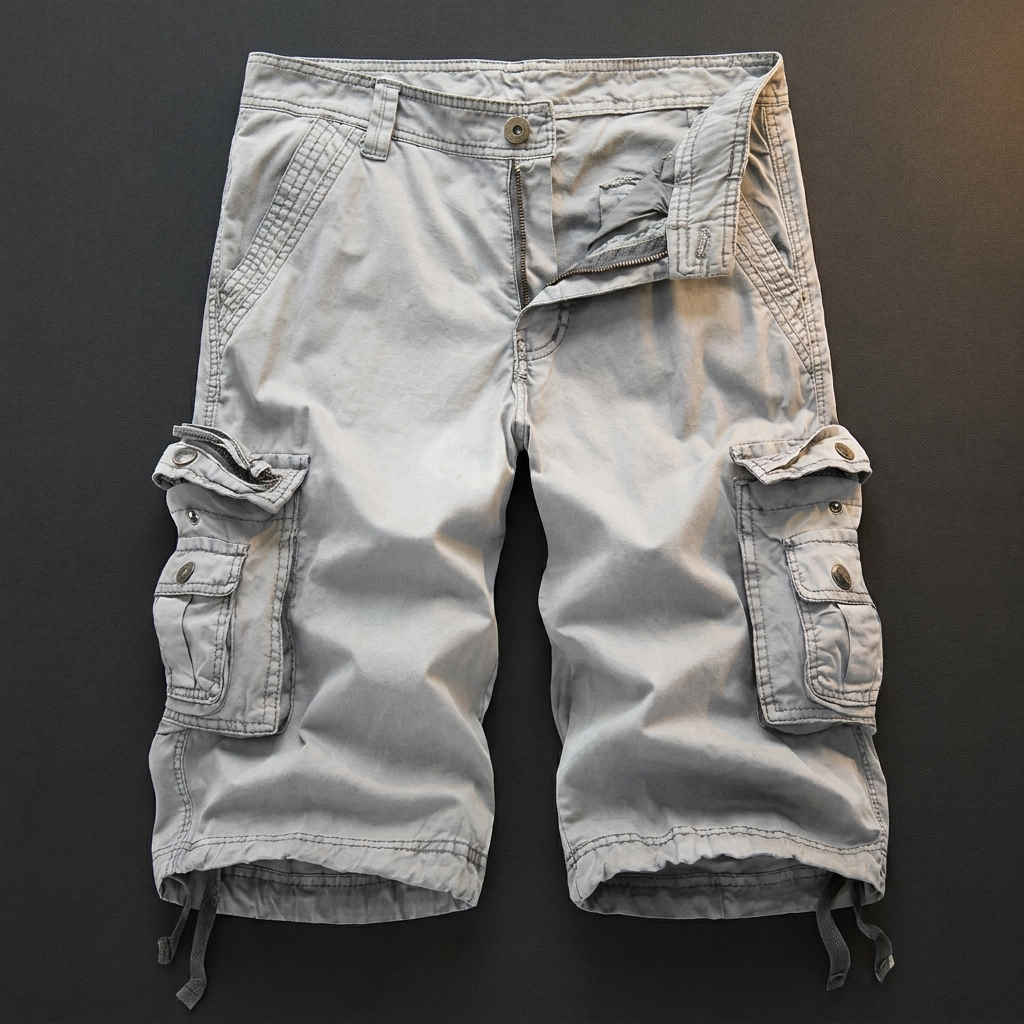 Wendell light gray cotton cargo shorts flat lay